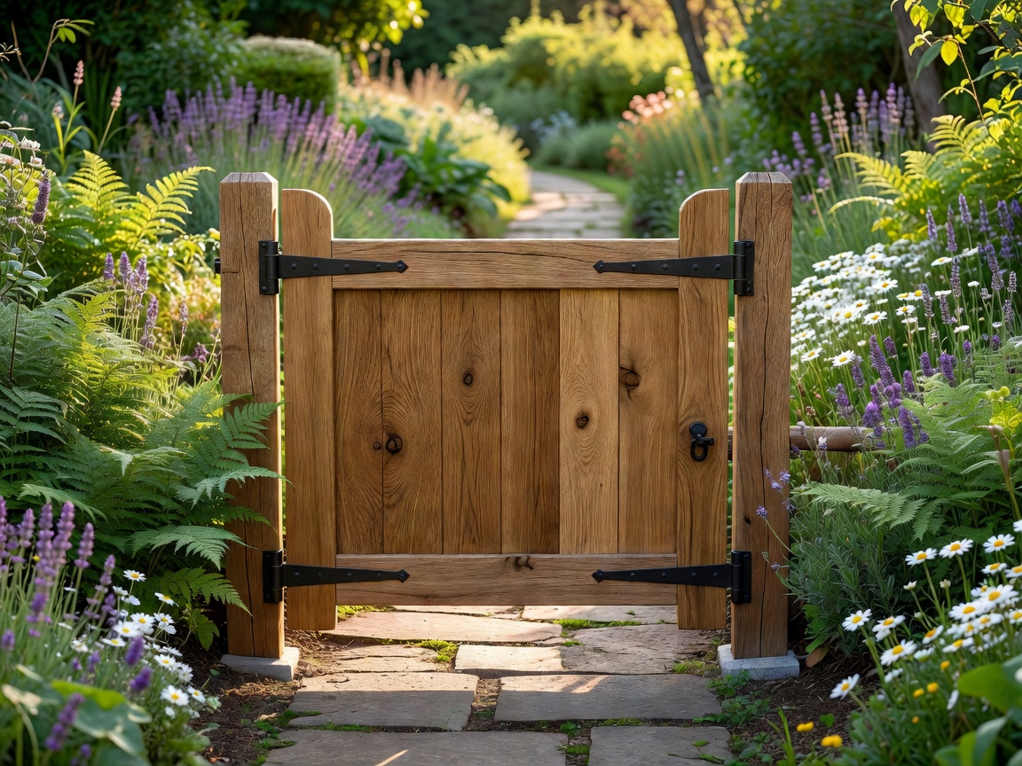 A newly installed solid wooden pedestrian garden gate