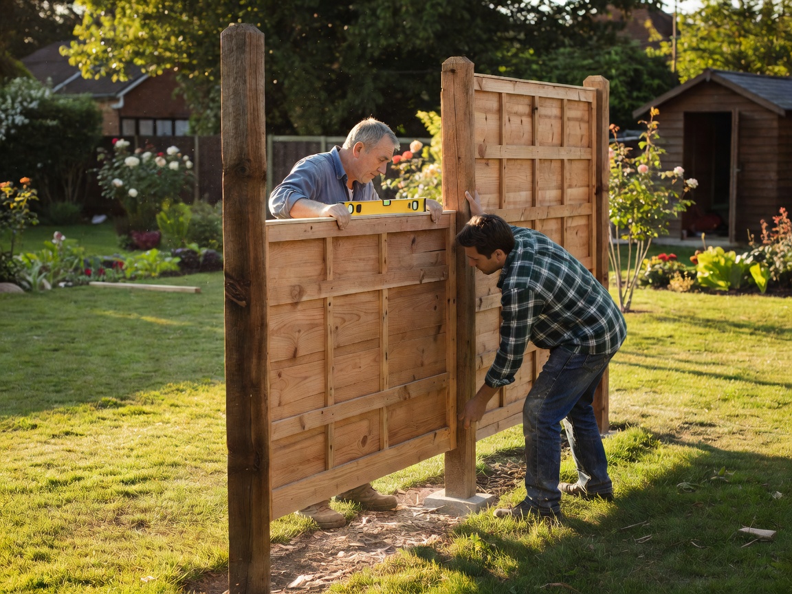 Builders aligning a new timber fence panel perfectly between sturdy posts