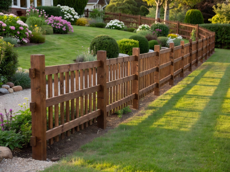 A robust, newly installed garden fence gracefully managing a sloped boundary