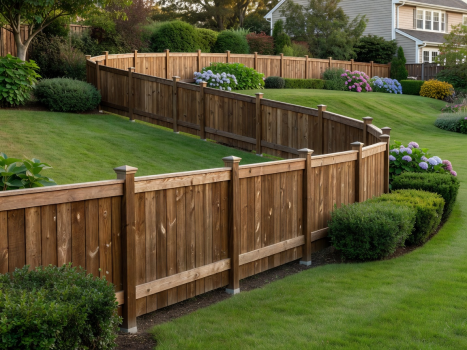 Completed wooden boundary fence gracefully following the slope of a residential garden