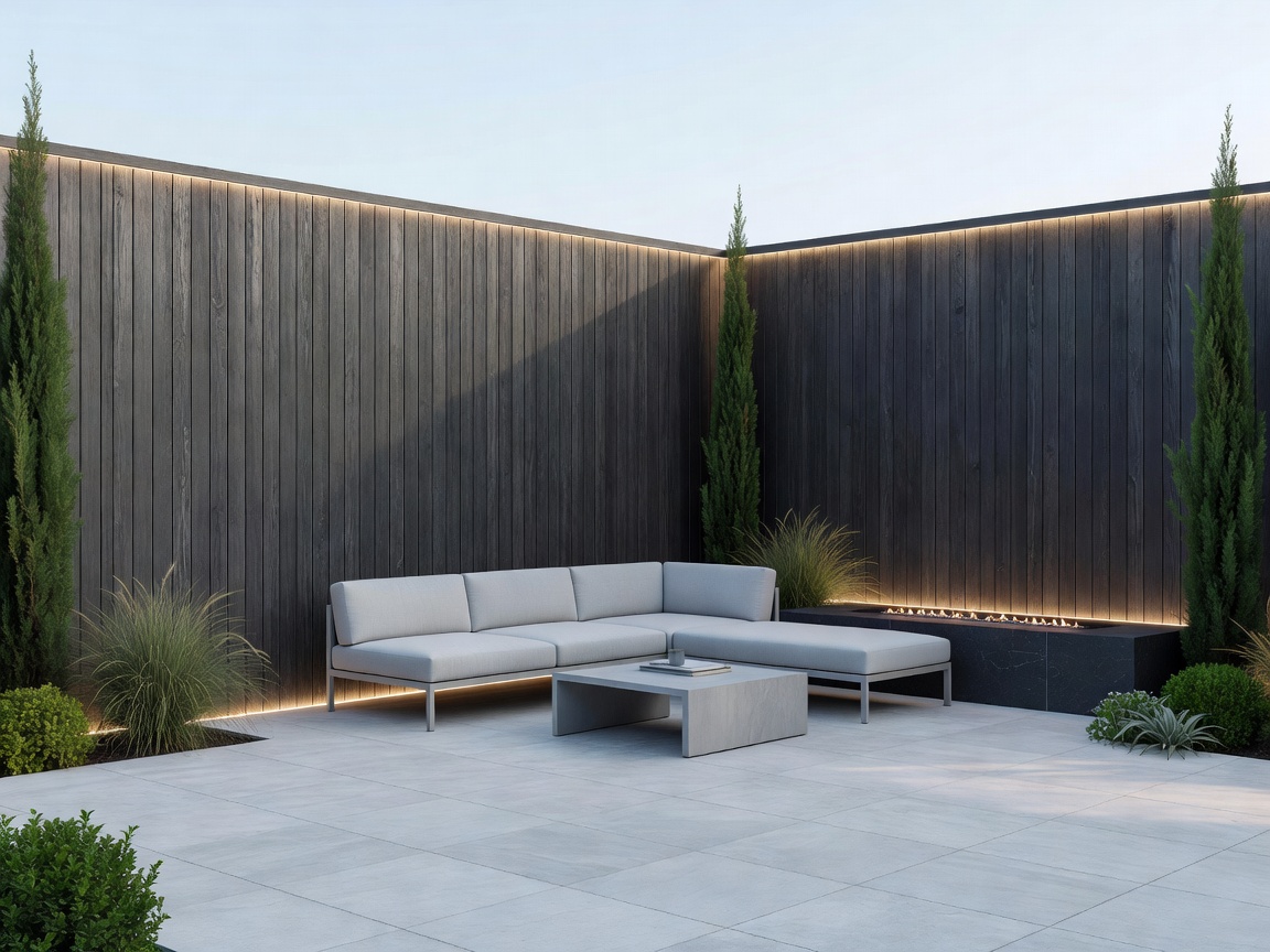 Contemporary privacy fence installed around a modern patio