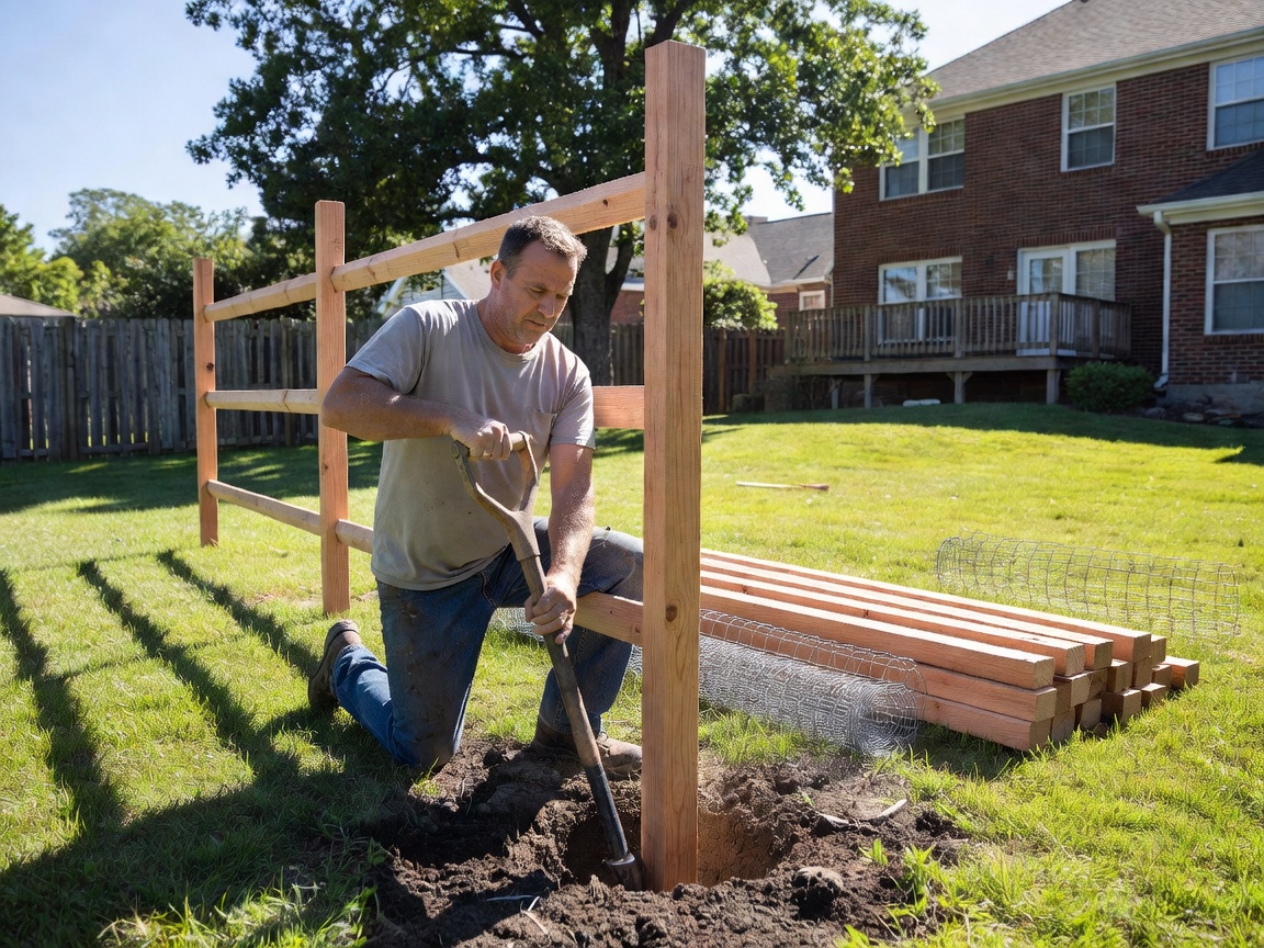 Contractor installing a new garden fence in a residential property