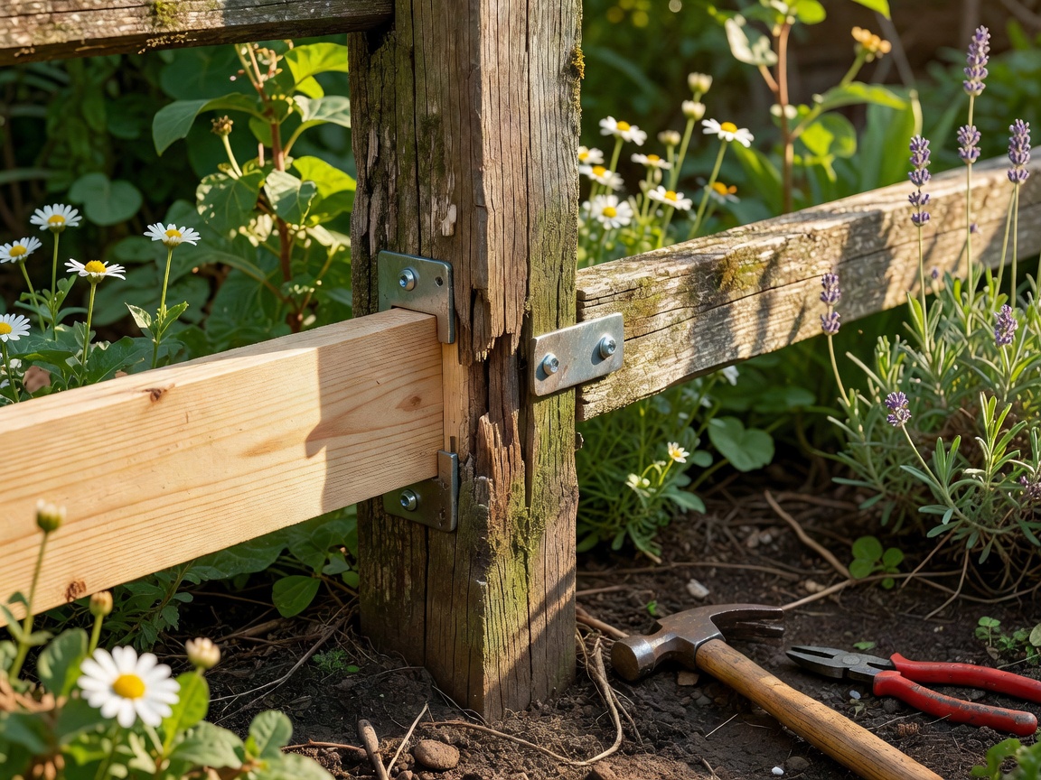 Detail of a wooden fence post being repaired in a garden