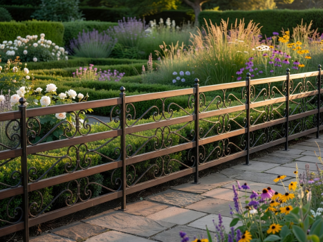 Elegant horizontal decorative fencing dividing garden zones
