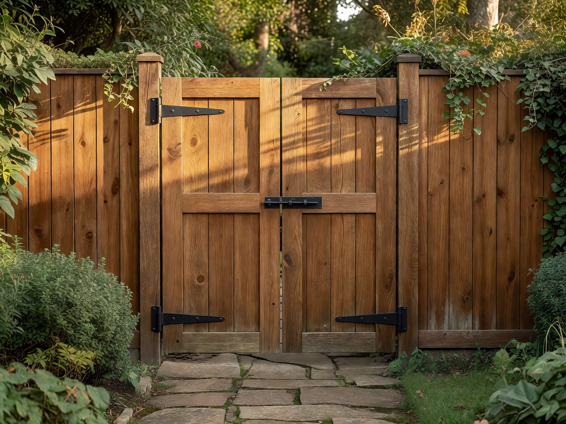 A secure, matching wooden pedestrian garden gate closed firmly