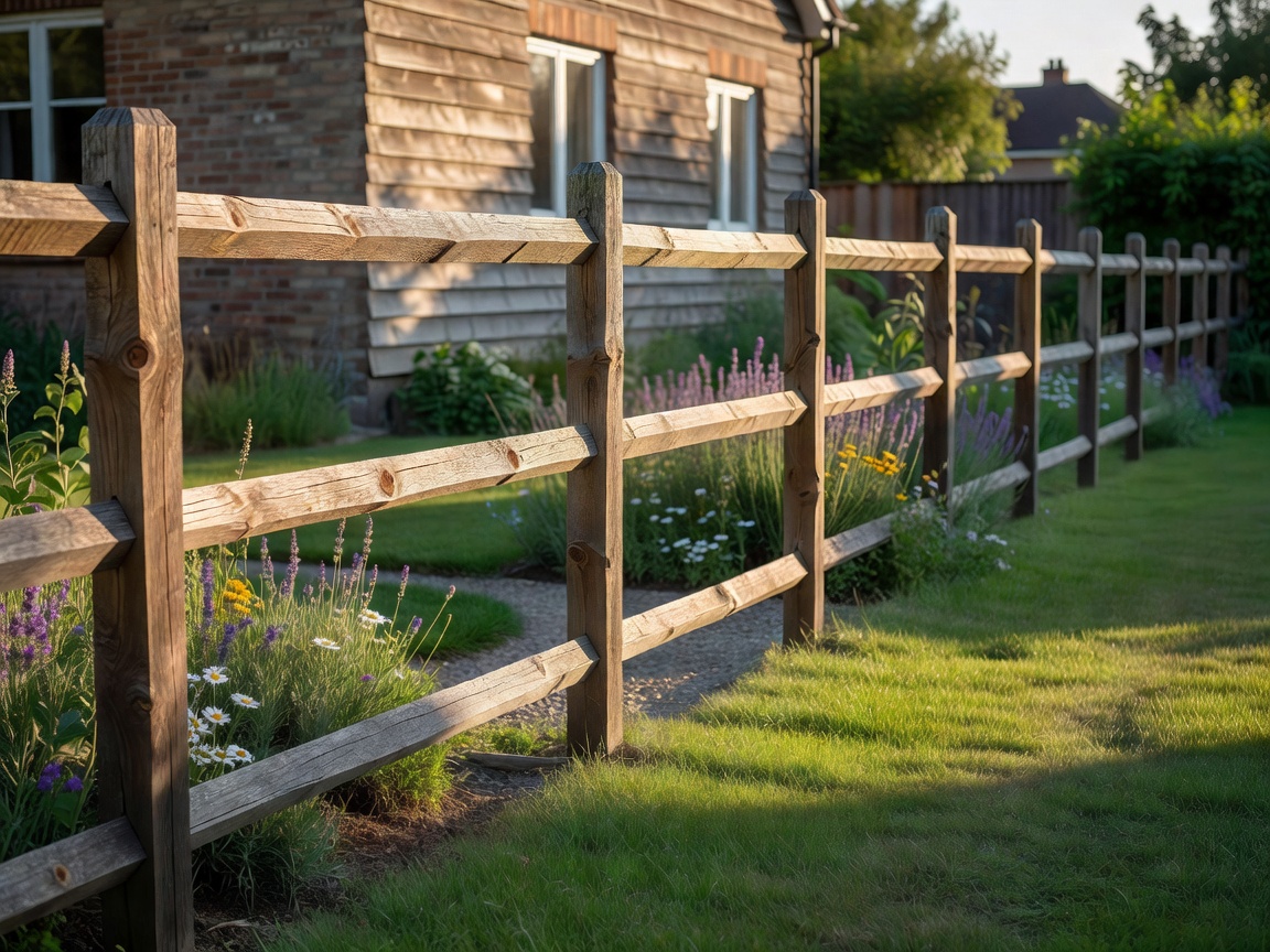 Natural wooden garden fencing installed in a residential property