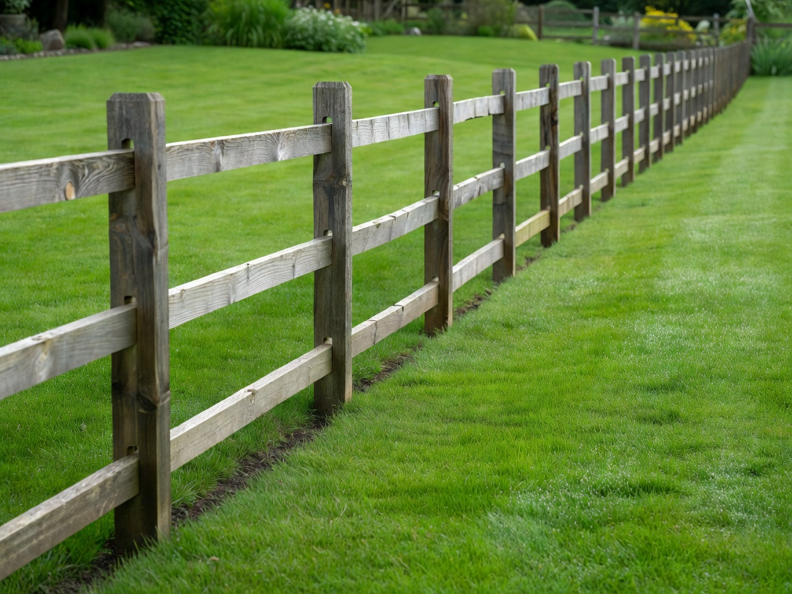 Natural wooden timber fencing along a green garden lawn