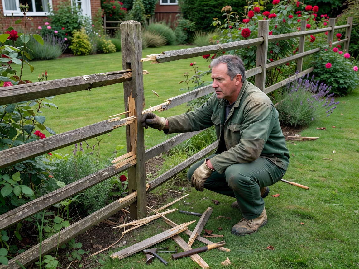 A fencing professional assessing damage to a residential garden fence