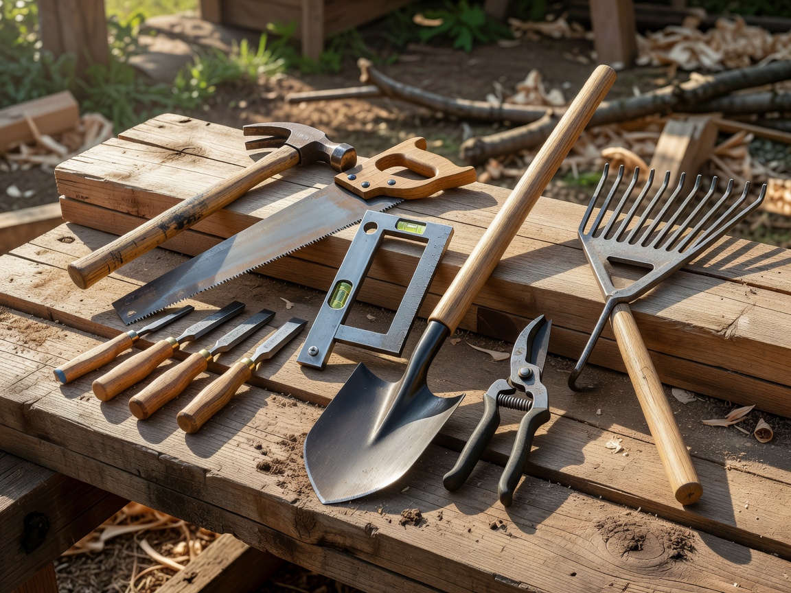 Professional carpentry and landscaping tools resting on timber