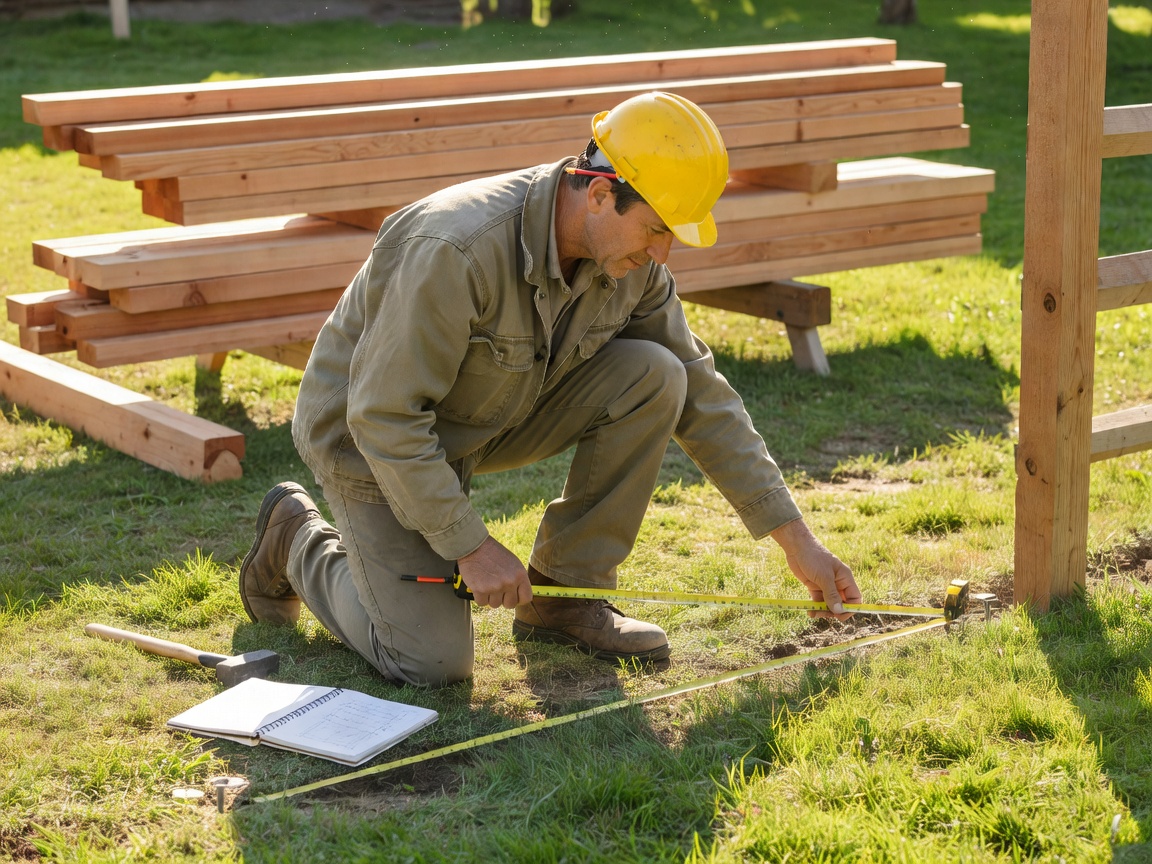 Contractor carefully measuring and planning a garden fence boundary