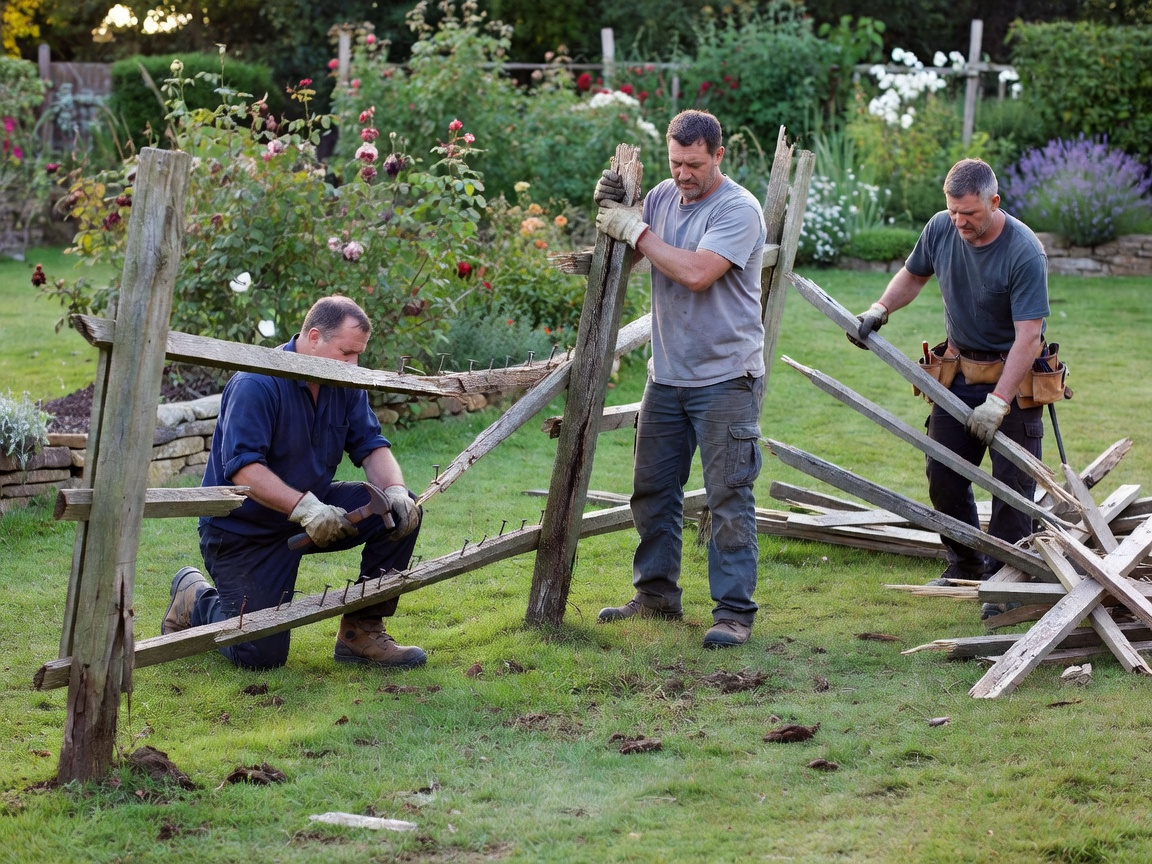 Contractors carefully dismantling and removing an old, damaged garden fence