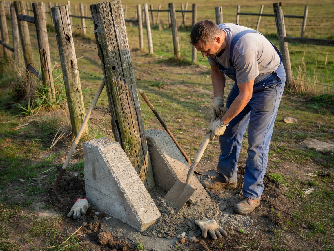 Repairing a loose wooden fence post using concrete spurs