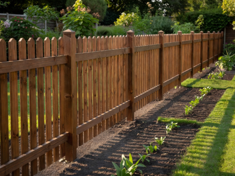 A perfectly straight and restored garden fence after targeted repairs