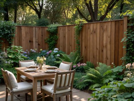 A secluded garden dining area protected by a new privacy fence