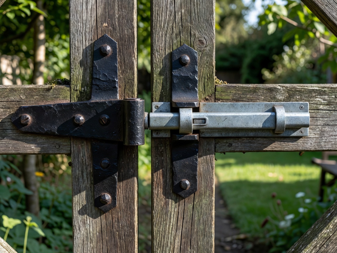 Close-up detail of heavy-duty hardware on a wooden garden gate