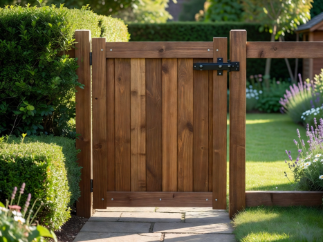 A newly installed, secure side-access timber gate