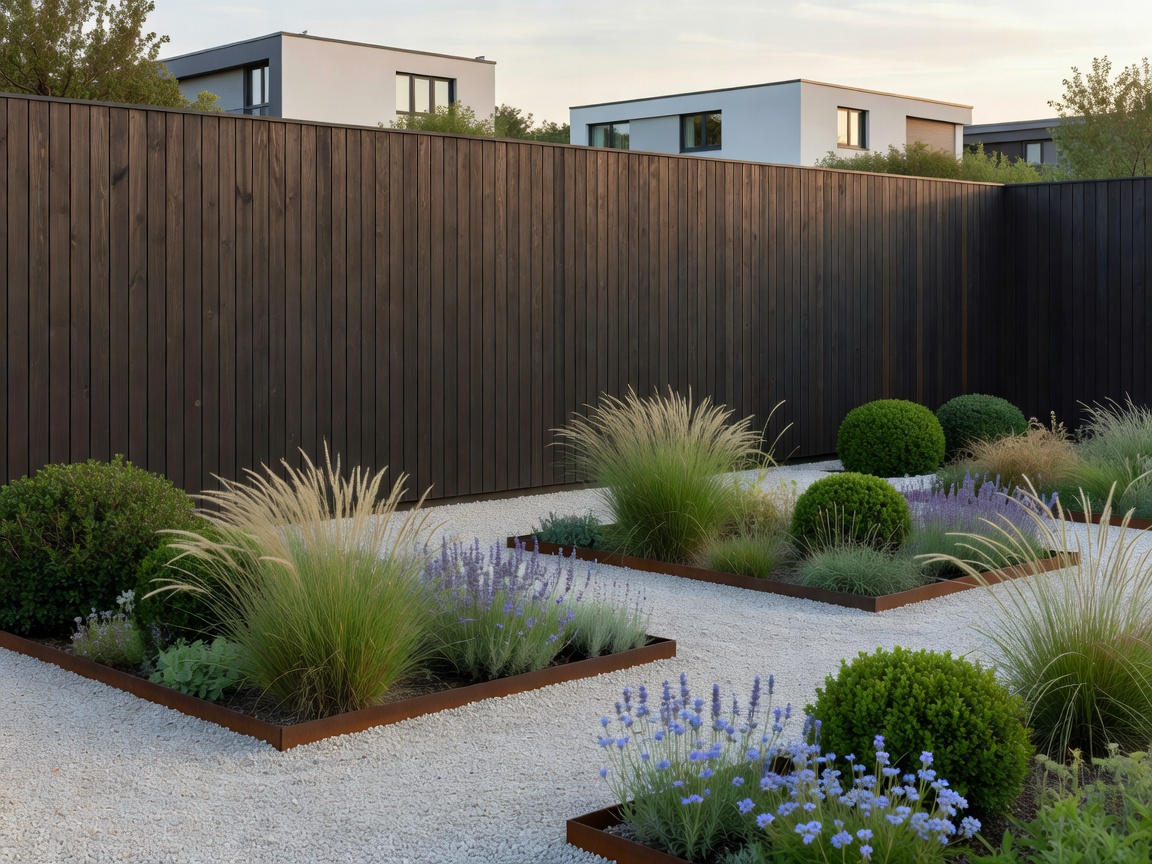 Tall privacy fence surrounding a modern German garden