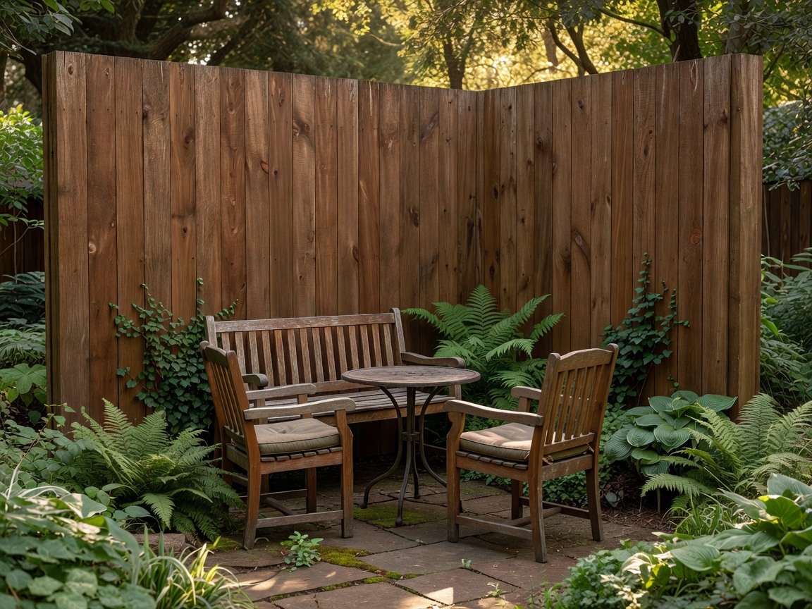 Tall solid privacy fence enclosing a garden seating area