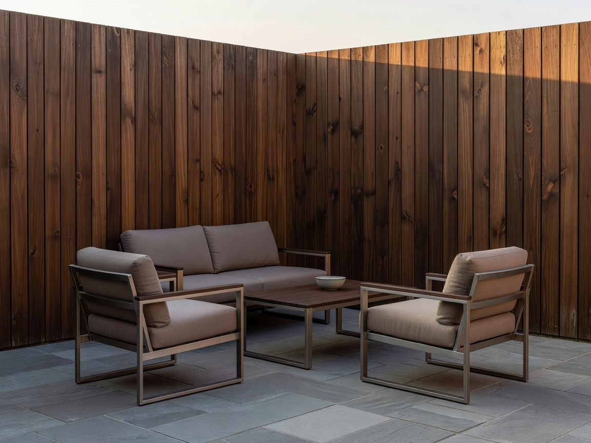 Tall solid privacy fencing enclosing a patio seating area