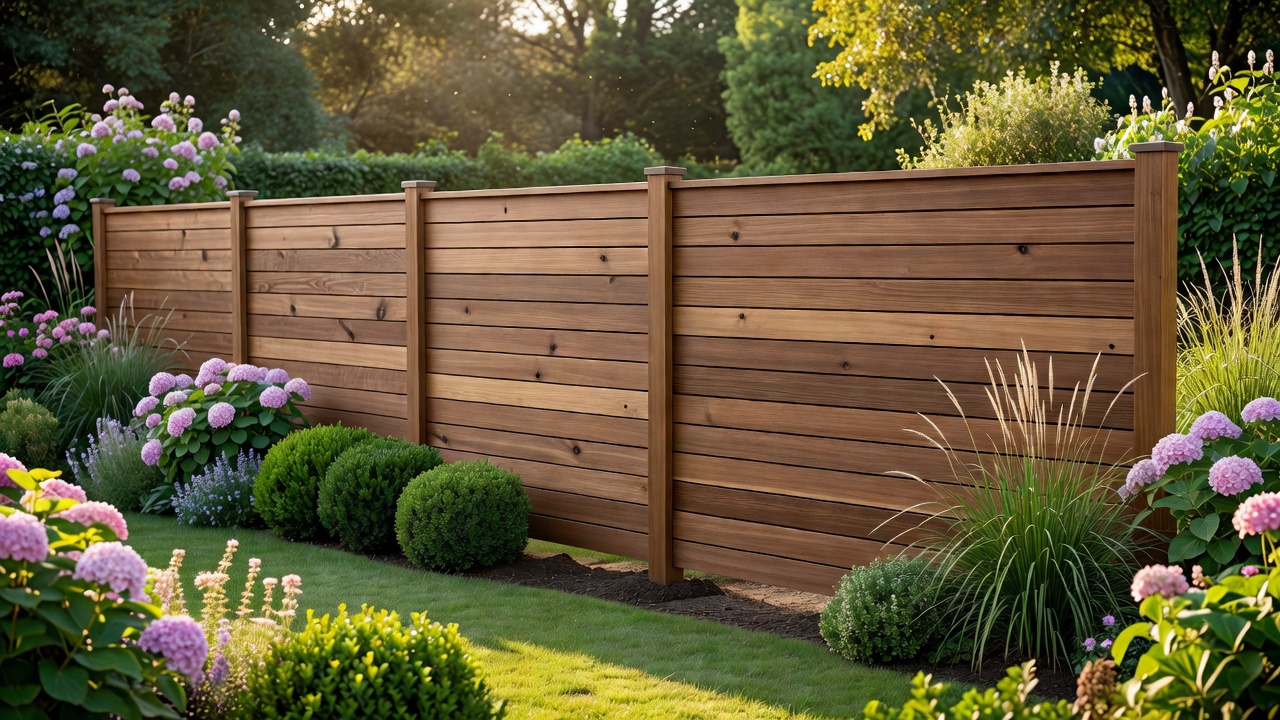 Wide view of a newly installed contemporary privacy fence in a garden