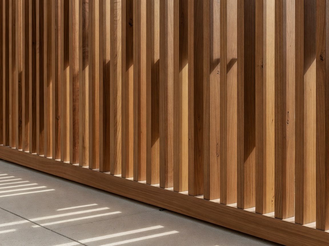 Detail view of a contemporary wooden slat fencing design